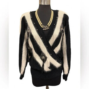 Vintage Susann D Black White Angora Blend Embellished Sweater Size Medium